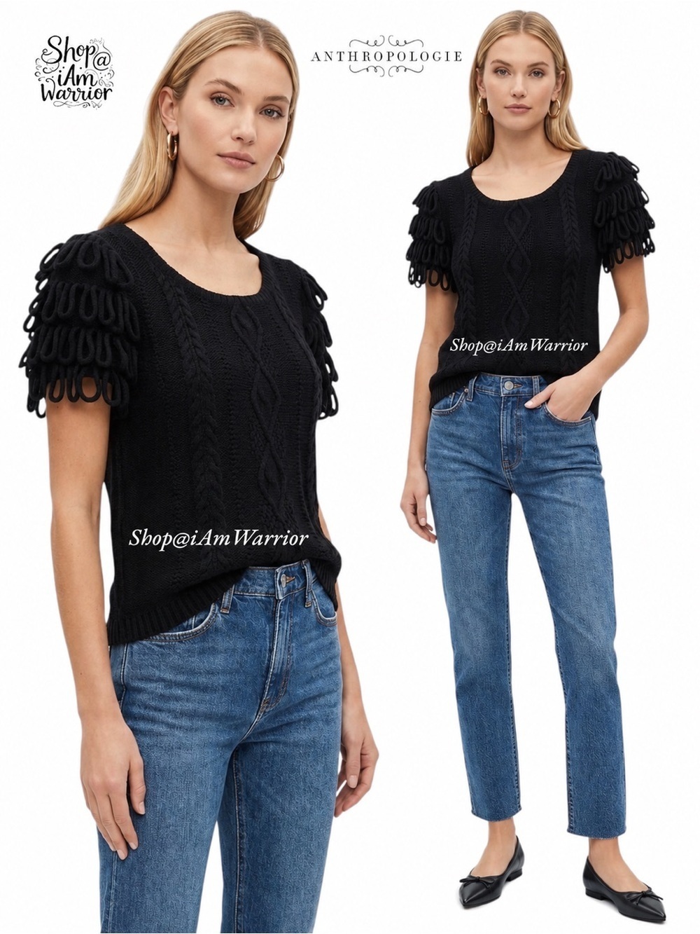 Anthropologie {HWR/Monogram} black looped shirt sleeve sweater *shop@iamwarrior